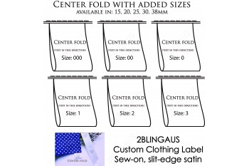 Centerfold with size 000-3, Black print, Sew-on Clothing label, Slit-edge Satin